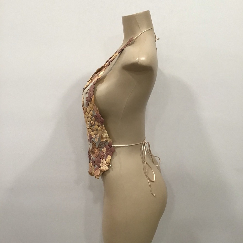 Ema Savahl Halter Top Womens Yellow Hand Painted 3D Floral Mesh Small Y2K Fairy - Picture 5 of 15